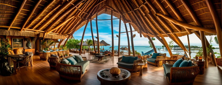 Tropical resort lobby with a thatched roof, wooden beams, and views of the ocean.