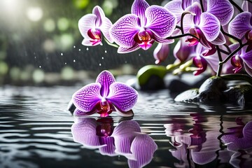 orchid in zen garden with droplet on pond 