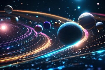Colorful bright 3d planet with glowing neon rings. Abstract solar system with planets and stars in orbit. Meteorite and comet. Space futuristic creative design  - obrazy, fototapety, plakaty