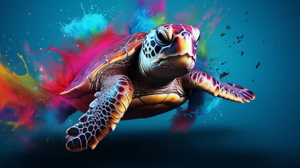 Foto op Plexiglas 3D rendering of a turtle with a paint splash technique, set against a colorful background. © Ahtesham