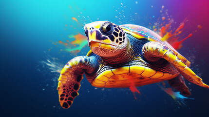 Obraz na płótnie Canvas 3D rendering of a turtle with a paint splash technique, set against a colorful background.