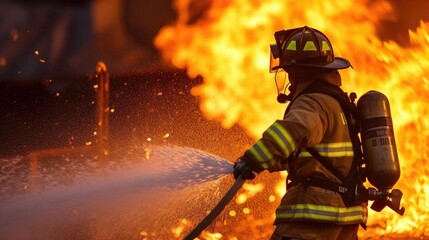 Firefighter fighting the fire among the flames