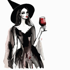  a halloween fashion illustration watercolour and ink drinking blood red wine poster printible