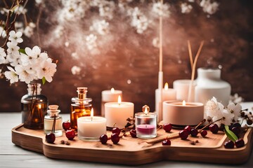 Hygge Harmony: Aroma Diffuser, Candlelight, Cherry Blossoms, and Perfume on a Bamboo Tray – Cozy Home Decor and Aromatherapy Bliss
