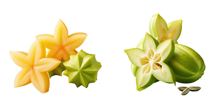 A single star fruit and two portions transparent background
