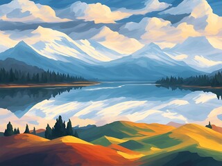 Fototapeta na wymiar Highland lake. Mountains background. AI generated illustration