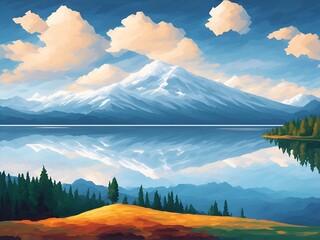 Highland lake. Mountains background. AI generated illustration