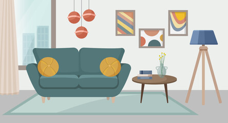 Living room interior with sofa, floor lamp, paintings, city view window, coffee table. Living room. Home furniture. Vector illustration in flat style.