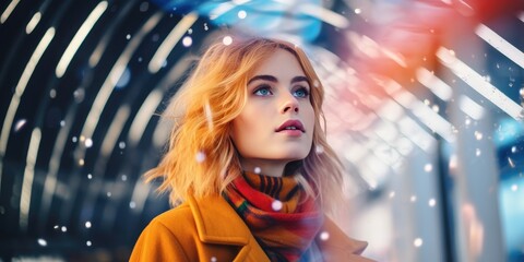 Girl in winter clothes. young woman. Background of the street festive lights bokeh of Christmas and New Year. happy christmas