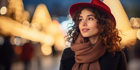 Girl in winter clothes. young woman in hat. Background of the street festive lights bokeh of Christmas and New Year. happy christmas