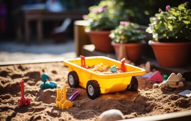 toy car on the sand in the garden, selective focus.
