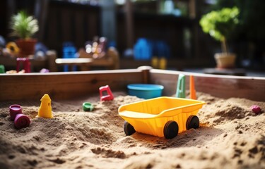 toy car on the sand in the sandbox. selective focus. - obrazy, fototapety, plakaty