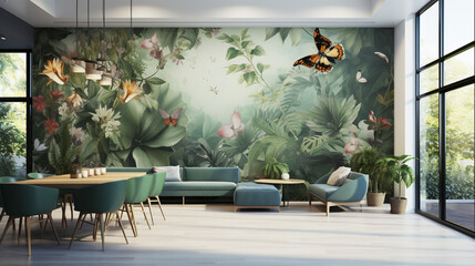 3D rendering of a room with a wall adorned by a realistic nature background.