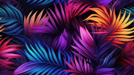 Fototapeta na wymiar Seamless pattern tropical palm leaves with a textured colored aesthetic on a rich black background.