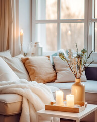 Stylish and cozy reading nook. Fur blanket on grey sofa near coffee table with candles against window. Hygge, scandinavian interior design of modern living room. - obrazy, fototapety, plakaty