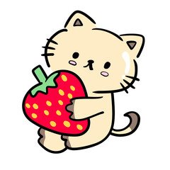 Cartoon cat holding strawberry fruit colorful  cute  popular decorative paper image fashion clothes children adults men and women hand drawn seamless
