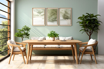 Sofa and chairs near wooden table against window. Scandinavian style interior design of modern dining room with pastel green wall with frames.