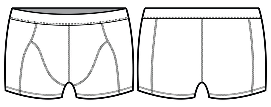 Men's boxer brief underwear front and back view flat sketch fashion illustration, Gents trunk under garments vector template