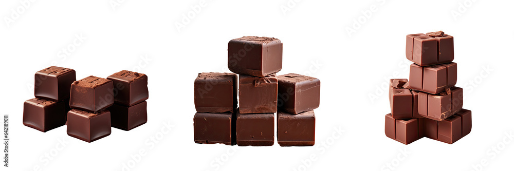 Poster four dark chocolate cubes with low sugar and 70 cocoa set against a transparent background