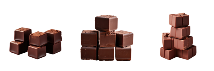 Four dark chocolate cubes with low sugar and 70 cocoa set against a transparent background