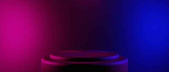 3d illustration rendering of technology futuristic cyberpunk display, gaming scifi stage pedestal background, gamer banner sign of neon glow stand podium for product sale