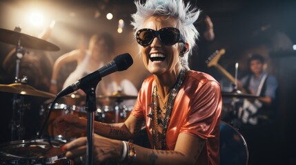 Rock concert. Funny elderly woman is playing on a different musical instruments with joyful expressive. Generative AI