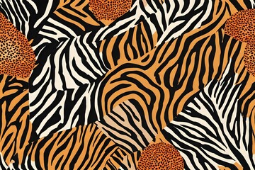 Mixed zebra stripes and leopard spots print. Geometric seamless pattern with different animal skin textures. Bright colorful tropical background. Textile and fabric fashion design. 