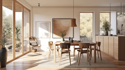Naklejka na ściany i meble Interior design inspiration of Contemporary Scandinavian style home dining room loveliness decorated with Glass and Wood material and Window .Generative AI home interior design .