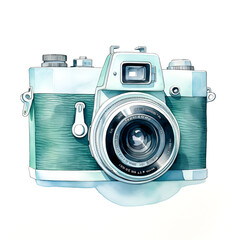 Watercolor illustration of a green photo camera isolated on white background