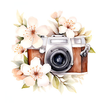 Watercolor illustration of a photo camera with beautiful white flowers isolated on white background