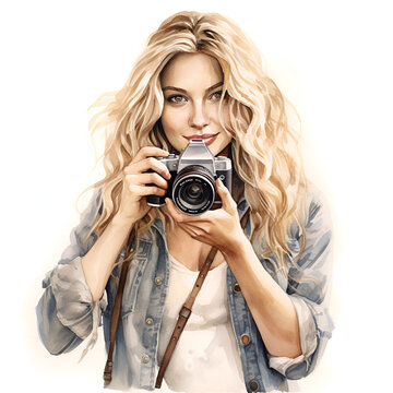 Watercolor illustration of a beautiful blonde woman taking photos with a camera, isolated on white background 
