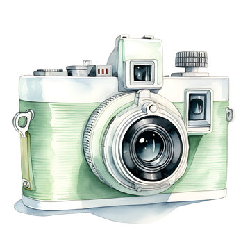 Watercolor illustration of a green photo camera isolated on white background