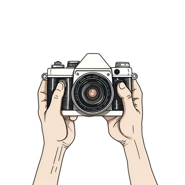 Simple linear illustration. of hands holding a camera isolated on white background 