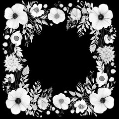 Black and white monochrome floral frame with white anemone flowers and leaves. Generative ai.