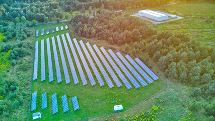 Aerial top view of a solar pannels power plant. Renewable energy concept.