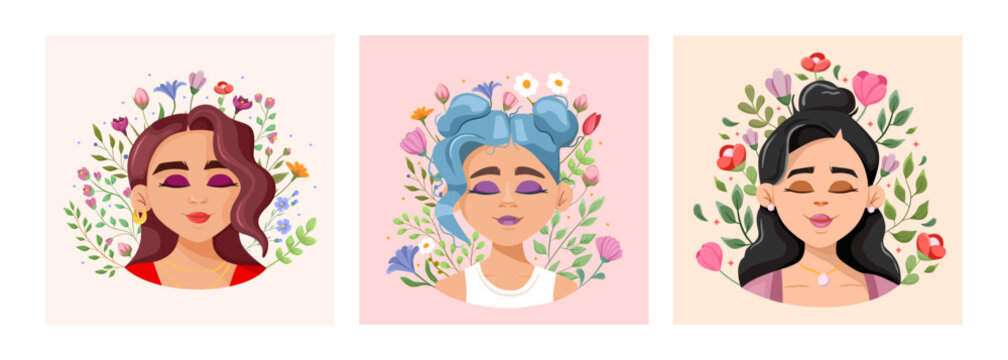 Mental health. Set of beautiful girls with closed eyes. Mental health concept. Healthy mentality and self-love.