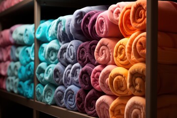 stacks of colored terry towels in a boutique. Home textile, beautiful rolled soft fluffy towels on the shelf.