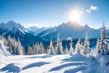 Fototapeta na wymiar Beautiful winter panorama with fresh powder snow. Landscape with spruce trees, blue sky with sun light and high Alpine mountains on background 