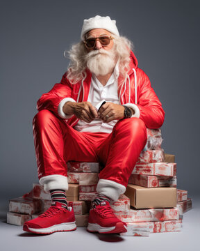 Fashionable Santa Claus with red sneakers, sitting on a pile of wrapped gifts, original hip-hop photoshoot, cool santa with red tracksuit, AI