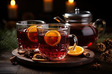 Mulled wine in glass cup. Traditional hot beverage for Christmas holiday and winter cold time. Close up.