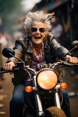 Funny elderly woman is riding a modern motorcycle with joyful expressive. Generative AI