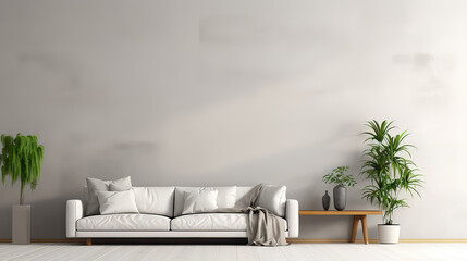 modern interior wall mockup, couch, chair, plants with beautiful shadows, Generative AI.