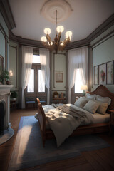 Victorian style bedroom interior with modern bed in luxury house.