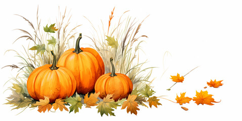 Yellow-orange pumpkins of different sizes on the grass with fallen autumn leaves on a white background
