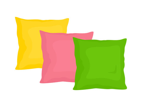 recommend clip art: Colorful pillows in yellow, pink and green. Flat illustration of sofa bed sleep pillows isolated on white background. Eco pillow in cartoon style. Comfortable cushion for sleep, rest, relax. Vector