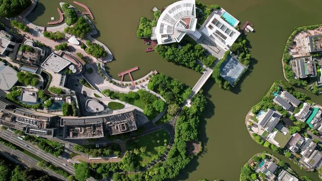 Drone flight above Shenzhen city metropolis, China's innovative, technology hub.
Aerial top down footage