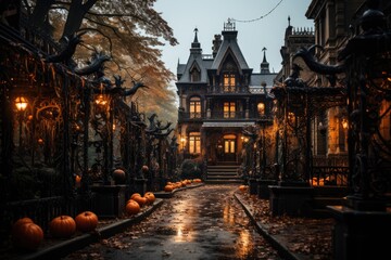 Dark House Decorated for Halloween Party with illuminated pumpkins and scary decorations., generative IA
