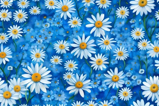 Hand painted blue watercolor allover seamless spring daisy liberty flowers 