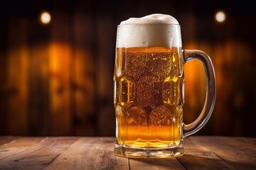 Mug of beer with foam on wooden table in pub or bar