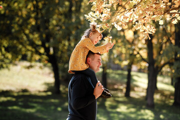 Happy dad holds little daughter on shoulders walk outdoors at autumn park, touch yellow leaves on...